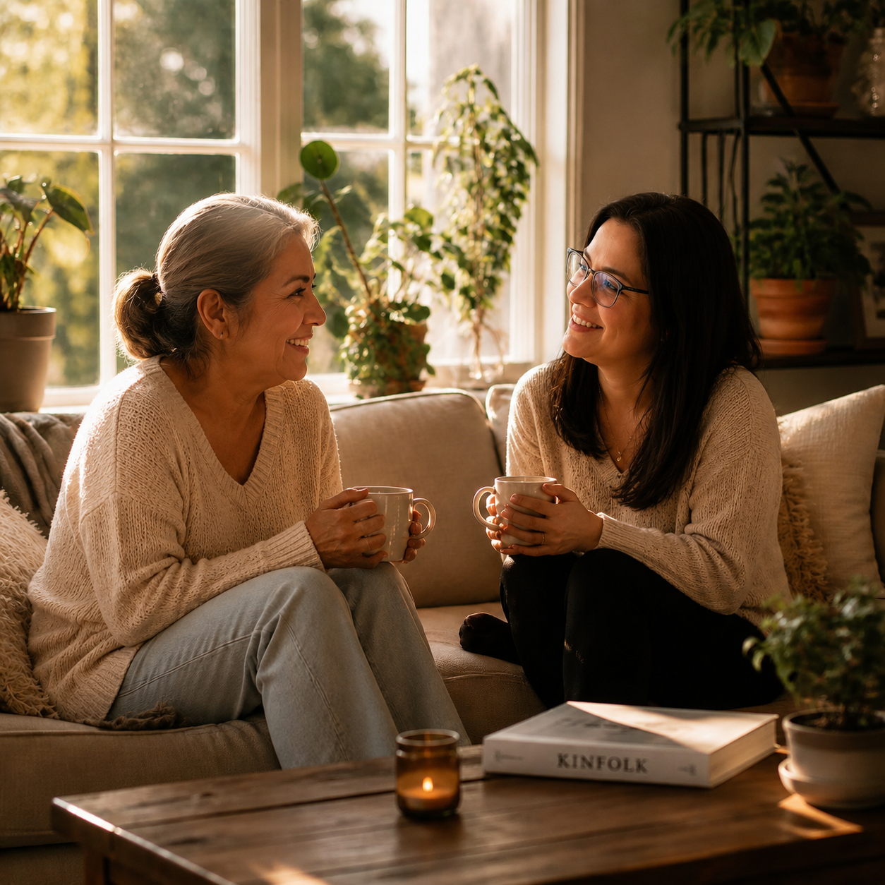 Dos mujeres conversando con tazas de café en una sala luminosa