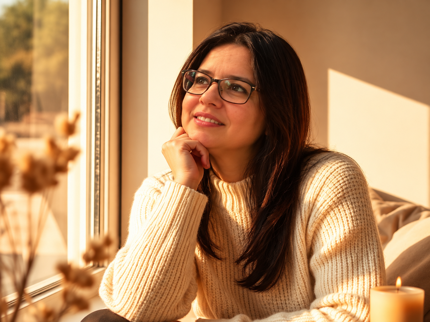 Mujer junto a una ventana al atardecer, apoyando la barbilla en la mano y sonriendo mientras una vela arde a su lado