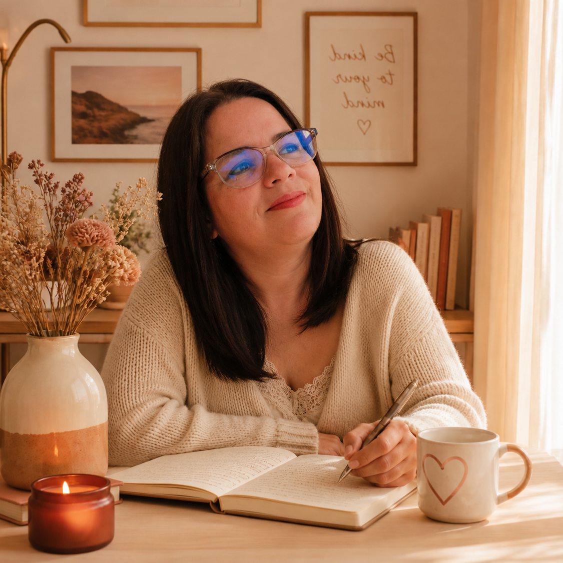 Cindy, escritora, escribiendo en su diario junto a una ventana iluminada