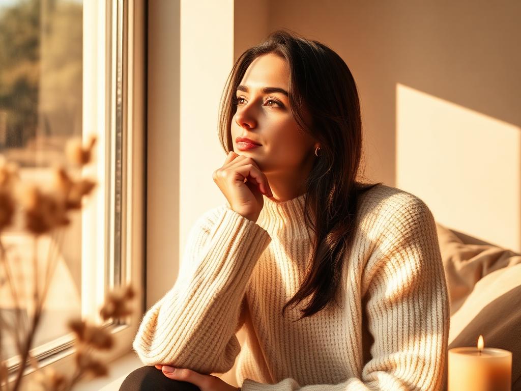 Mujer serena reflexionando junto a una ventana iluminada