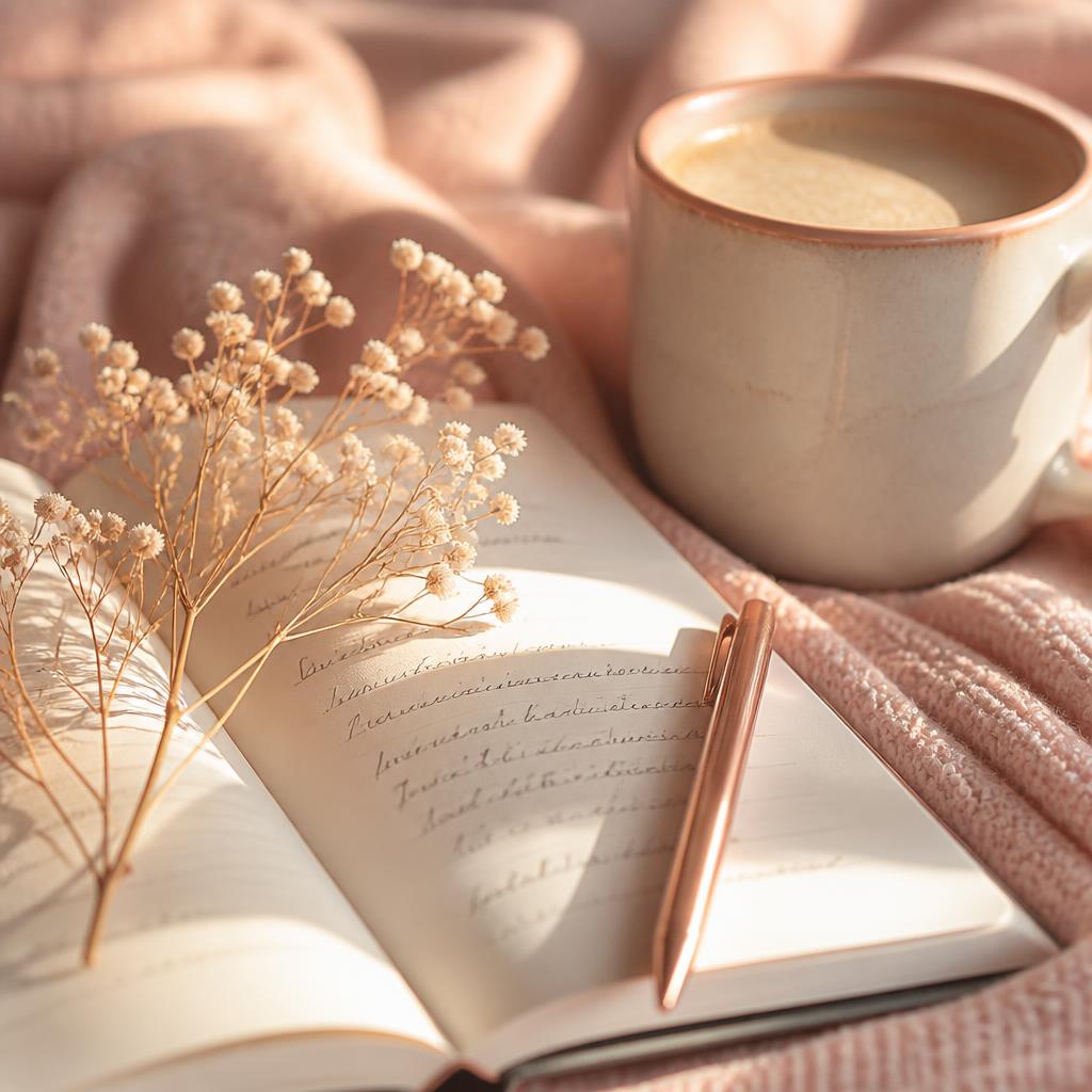 Libreta abierta con flores secas, una pluma dorada y una taza de café