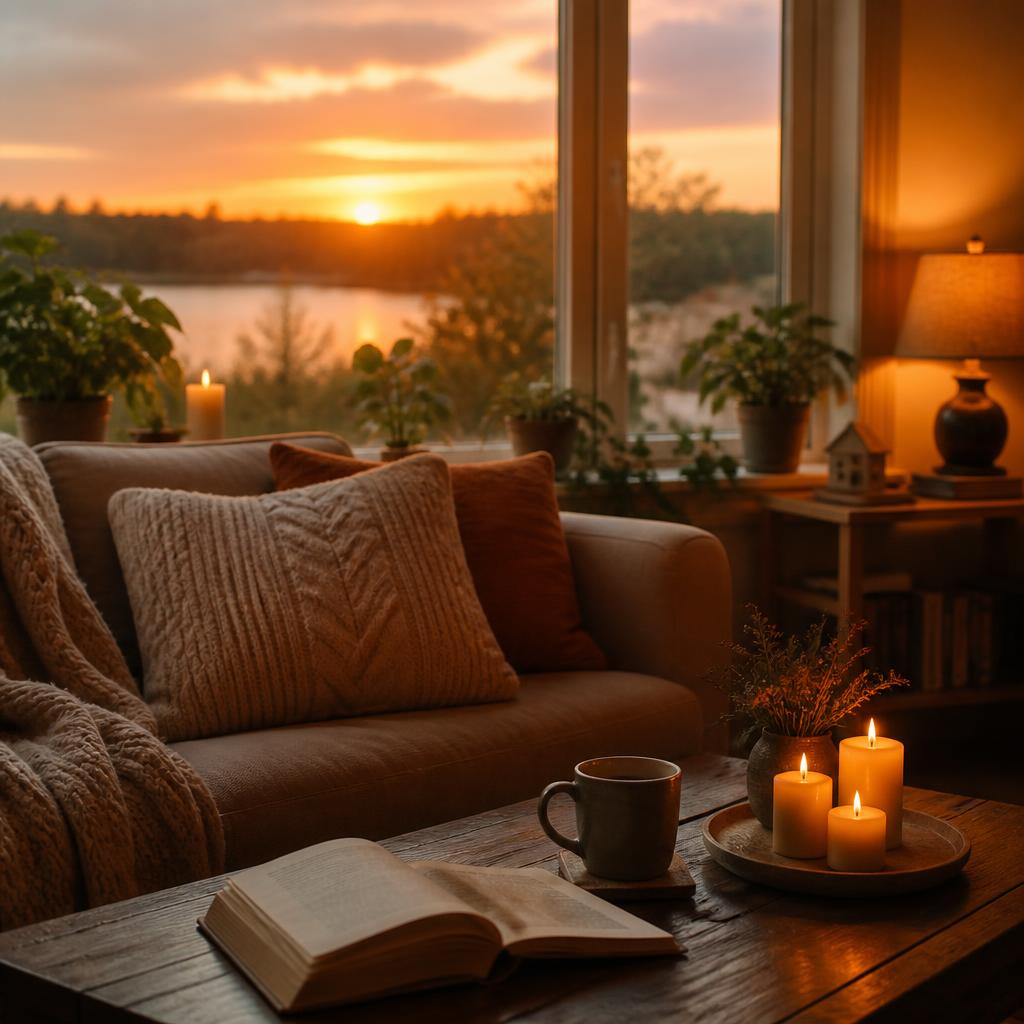 Sala acogedora al atardecer con velas encendidas y un libro abierto